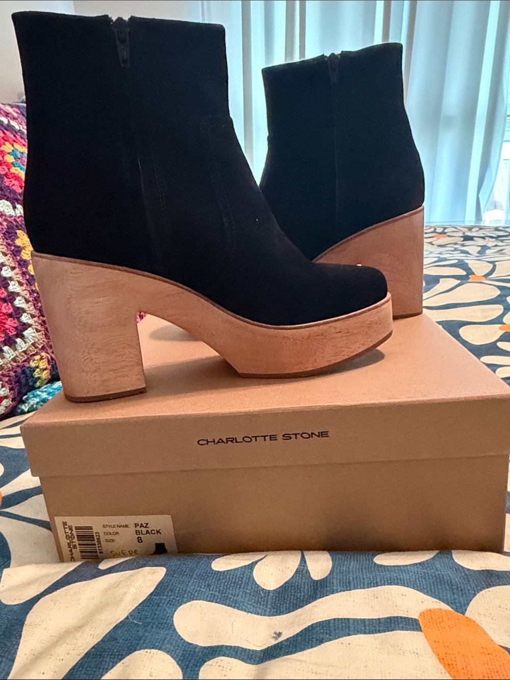 Charlotte Stone Black Suede Platform Boot with Wooden Block Heel - Picture 2 of 4
